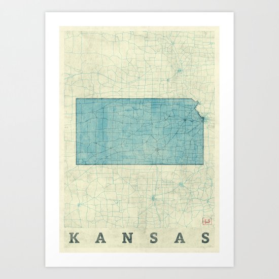 Kansas State Map Blue Vintage Art Print