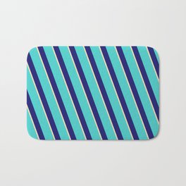 [ Thumbnail: Turquoise, Midnight Blue & Tan Colored Striped/Lined Pattern Bath Mat ]