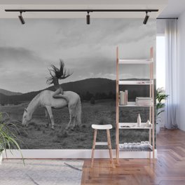 Wild horses couldn't take you from me; young woman on a white horse throwing her hair black wilderness black and white photograph - photography - photographs Wall Mural