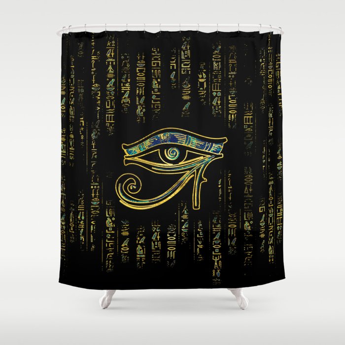 Egyptian Eye of Horus  on hieroglyphics gold and marble Shower Curtain