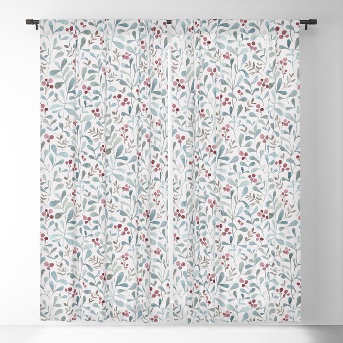 Winter flora - watercolor red berries and mistletoe leaves Blackout Curtain