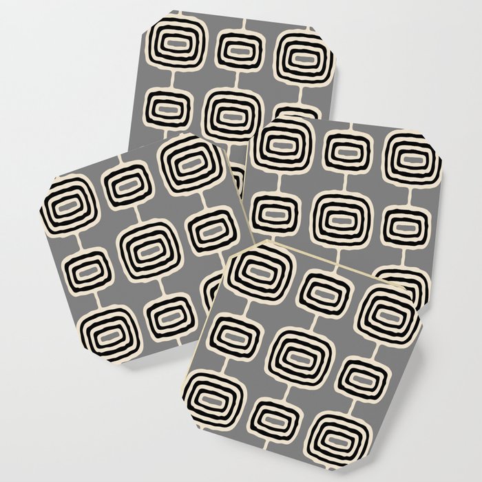Mid Century Modern Atomic Rings Pattern 233 Black Beige and Gray Coaster