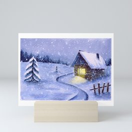 winter landscape watercolor painting, watercolour snow scene print, holiday wall art, gift Mini Art Print