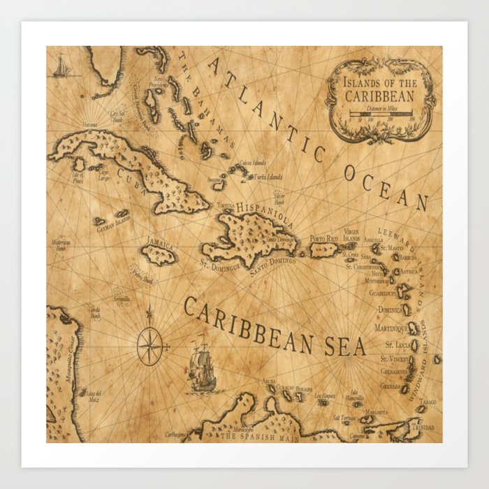 Old Nautical Map Carribeans Art Print