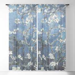 Van Gogh Almond Blossoms Dark Navy Blue Sheer Curtain