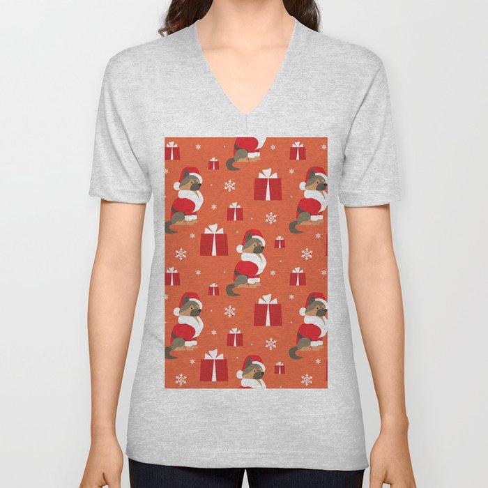 Colorful Seamless Pattern with Cute Dog in Christmas Costume 02 V Neck T Shirt