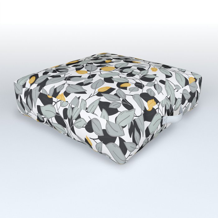 Yellow tulips pattern with black and white silhouette Outdoor Floor Cushion