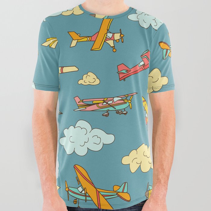 Cloudy Airplane Sky All Over Graphic Tee