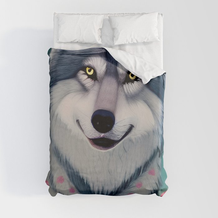 Wolf with Spring Flowers Duvet Cover