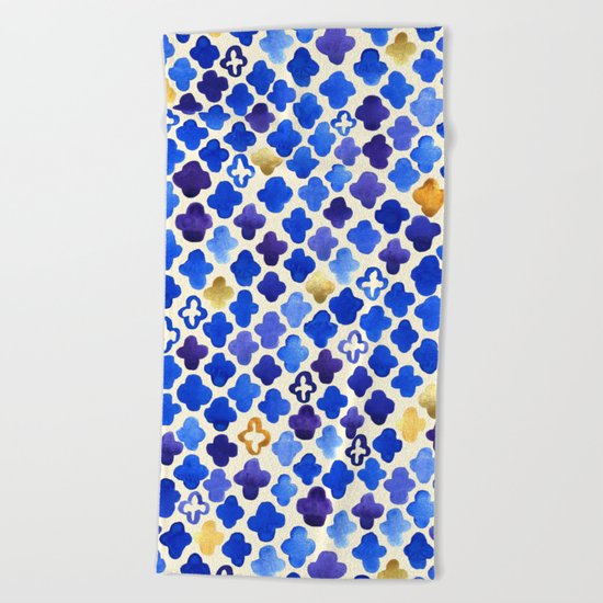 Rustic Watercolor Moroccan in Royal Blue & Gold Beach Towel
