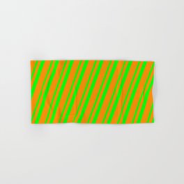 [ Thumbnail: Lime and Dark Orange Colored Stripes/Lines Pattern Hand & Bath Towel ]