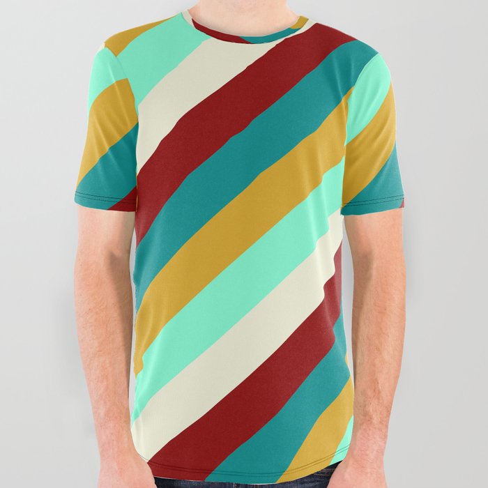 Eye-catching Dark Cyan, Goldenrod, Aquamarine, Beige, and Dark Red Colored Lined Pattern All Over Graphic Tee
