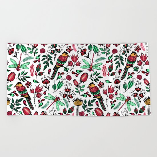 Birds and dragonflies Beach Towel