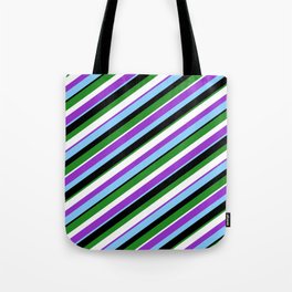 [ Thumbnail: Dark Orchid, Light Sky Blue, Black, Forest Green, and White Colored Lines Pattern Tote Bag ]