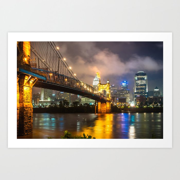 Clouds Over The Cincinnati Skyline Night Cityscape Art Print By Gregoryballosfineart Society6