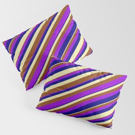 [ Thumbnail: Pale Goldenrod, Brown, Dark Violet & Blue Colored Lined Pattern Pillow Sham ]