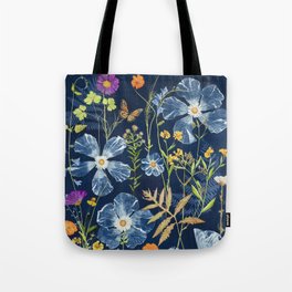 Cyanotype Painting (Hibiscus, Daisies, Cosmos, Ferns, Monarch) Tote Bag