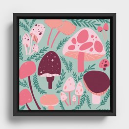 Mushrooms - Pink & Green Framed Canvas