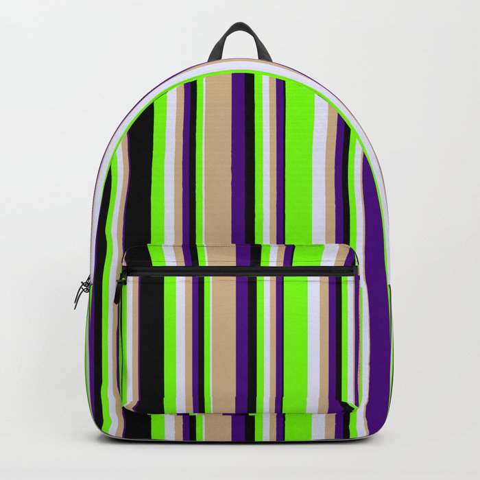 Eyecatching Indigo, Tan, Lavender, Green & Black Colored Lines/Stripes Pattern Backpack
