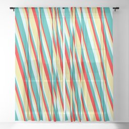 [ Thumbnail: Red, Tan, Light Cyan, and Light Sea Green Colored Lined/Striped Pattern Sheer Curtain ]