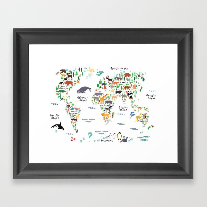 Animal World Map Framed Art Print