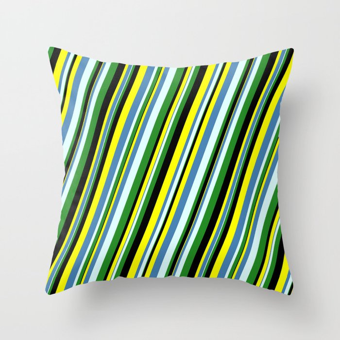 Yellow, Blue, Light Cyan, Forest Green, and Black Colored Stripes Pattern Throw Pillow