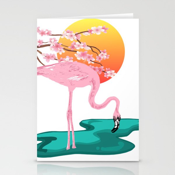 Flamingo Pond and Cherry Blossoms Stationery Cards