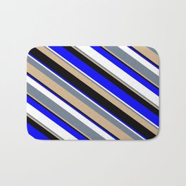 [ Thumbnail: Vibrant Slate Gray, Tan, Black, Blue, and White Colored Striped/Lined Pattern Bath Mat ]