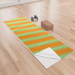 [ Thumbnail: Dark Orange and Light Green Colored Lined/Striped Pattern Yoga Towel ]