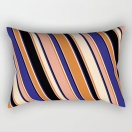 [ Thumbnail: Eyecatching Bisque, Chocolate, Dark Salmon, Black & Midnight Blue Colored Stripes/Lines Pattern Rectangular Pillow ]