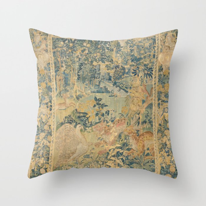 Antique 17th Century Gamepark French Aubusson Tapestry Throw Pillow