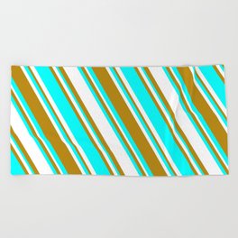 [ Thumbnail: White, Dark Goldenrod, and Aqua Colored Striped Pattern Beach Towel ]