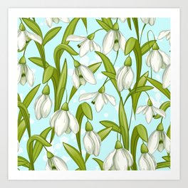 White Snowdrops Flowers and Spring Green Leaves Art Print