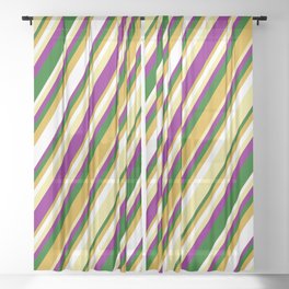 [ Thumbnail: Tan, Purple, Dark Green, Goldenrod, and White Colored Lined/Striped Pattern Sheer Curtain ]