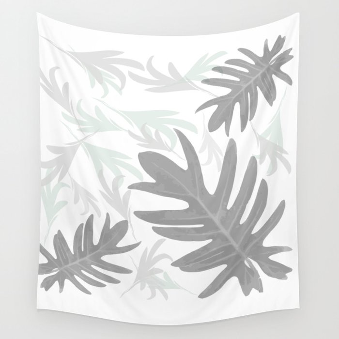 Trio Palm leaves light grey autumn fall tropical black-and-white pattern, society6 Wall Tapestry