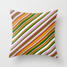 [ Thumbnail: Eyecatching Plum, Brown, Dark Orange, Dark Green & Mint Cream Colored Lined/Striped Pattern Throw Pillow ]