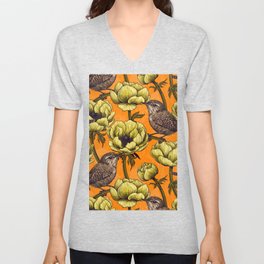 Yellow anemone flowers and wrens V Neck T Shirt