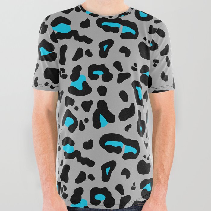 Grey & Blue Leopard Print All Over Graphic Tee