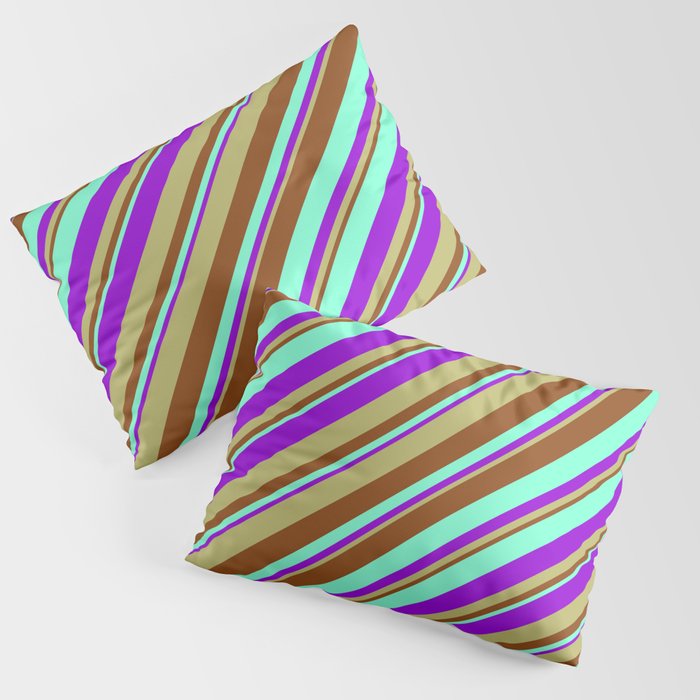 Aquamarine, Dark Violet, Dark Khaki, and Brown Colored Stripes/Lines Pattern Pillow Sham