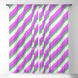 [ Thumbnail: Eye-catching Fuchsia, Dark Violet, Forest Green, Mint Cream, and Light Grey Colored Stripes Pattern Sheer Curtain ]