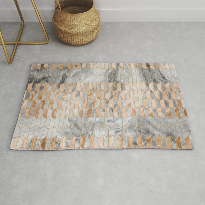 Art Deco Cream Gold + Gray Abstract Marble Geometry Rug