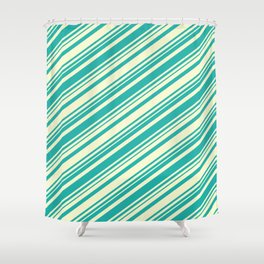 [ Thumbnail: Light Yellow and Light Sea Green Colored Lines Pattern Shower Curtain ]