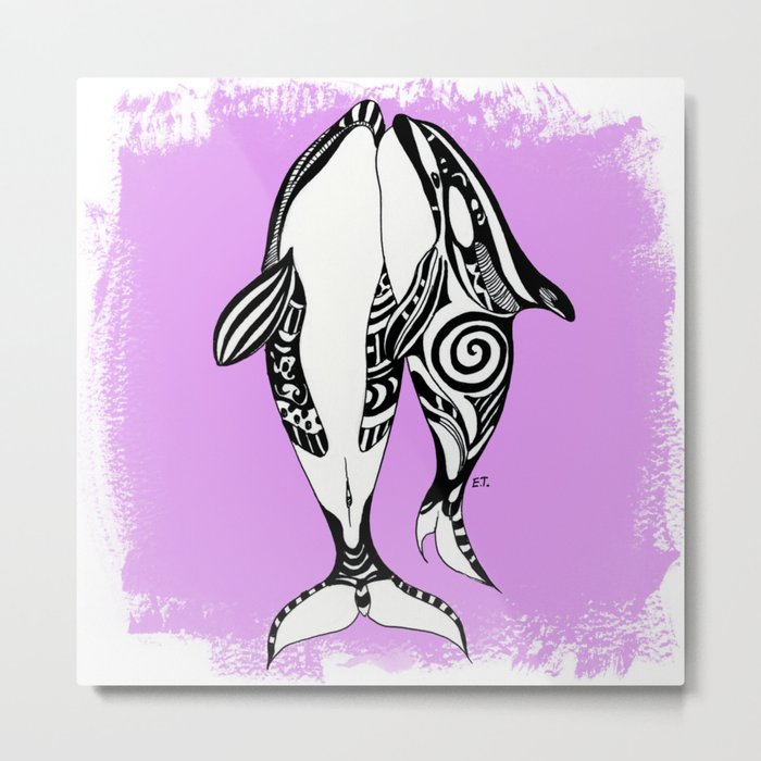 Two Orca Whales Tribal Pink Art Metal Print