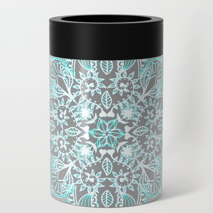 Teal and Aqua Lace Mandala on Grey Can Cooler