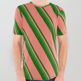 [ Thumbnail: Forest Green, Dark Green & Salmon Colored Stripes Pattern All Over Graphic Tee ]