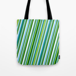 [ Thumbnail: Light Sky Blue, Teal, Green, Dark Green, and Mint Cream Colored Striped Pattern Tote Bag ]
