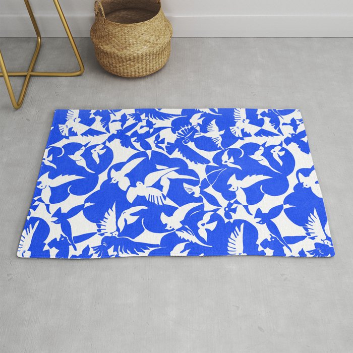 Bright Blue and White Flying Birds Design Rug