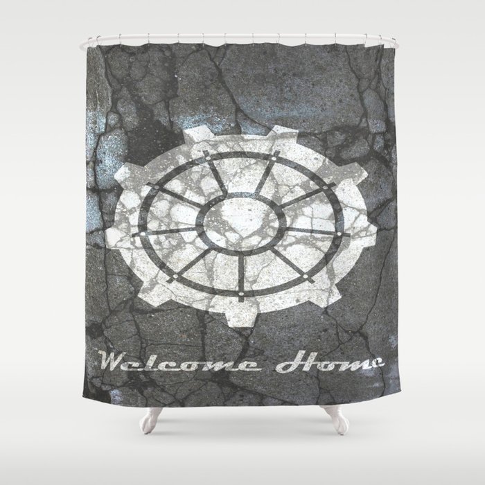 Fallout inspired welcome home, vault door, print, poster, wall art, neutral Shower Curtain