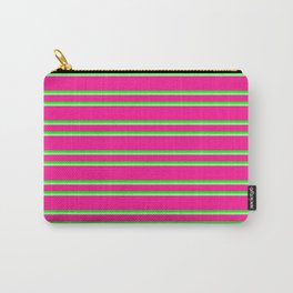 [ Thumbnail: Deep Pink, Lime & Green Colored Pattern of Stripes Carry-All Pouch ]