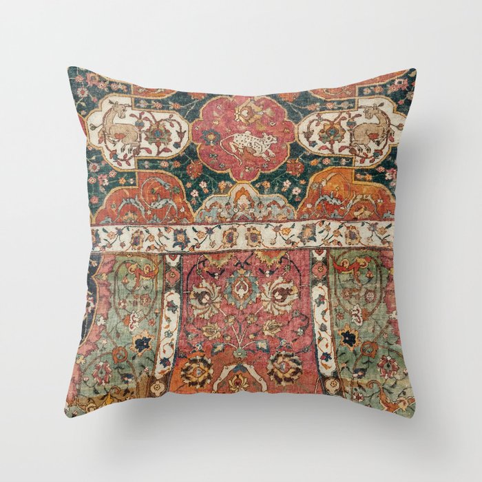 Persian Medallion Rug V // 16th Century Distressed Red Green Blue Flowery Colorful Ornate Pattern Throw Pillow